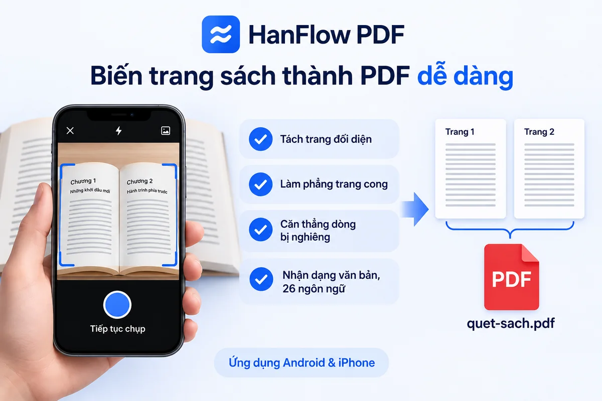 Chụp một cuốn sách đang mở bằng điện thoại: hai trang được tách, làm phẳng và lưu thành PDF