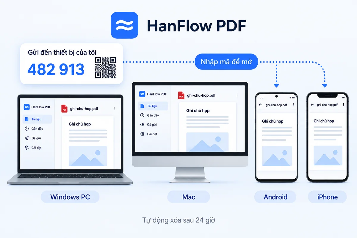Cùng một tài liệu được mở trên Windows PC, Mac, điện thoại Android và iPhone, gửi bằng mã 6 chữ số