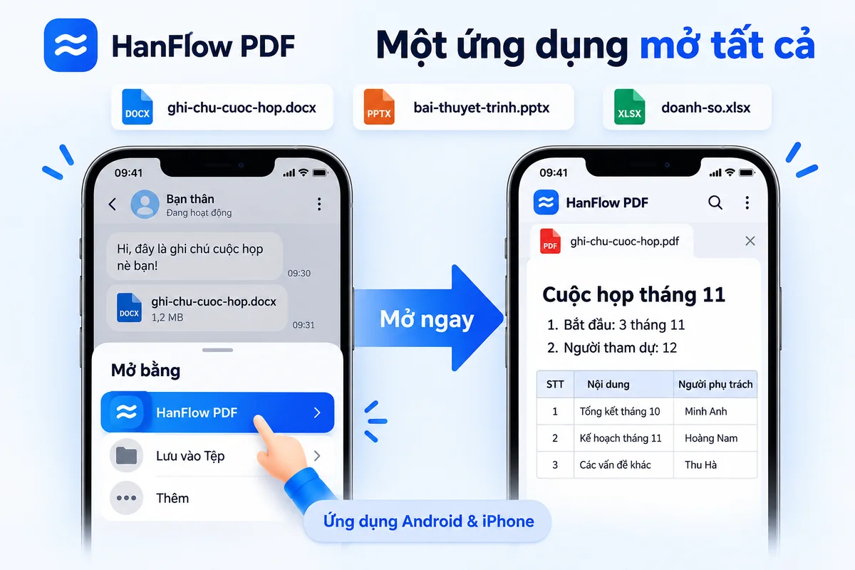 Một tệp Word nhận được trong ứng dụng nhắn tin được mở bằng HanFlow PDF từ danh sách “Mở bằng” và hiển thị dưới dạng PDF trên điện thoại