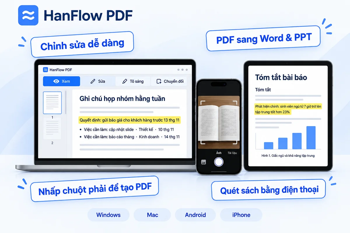 HanFlow PDF — chỉnh sửa dễ dàng, PDF sang Word và PowerPoint, nhấp chuột phải để tạo PDF, quét sách bằng điện thoại, trên Windows, Mac, Android và iPhone