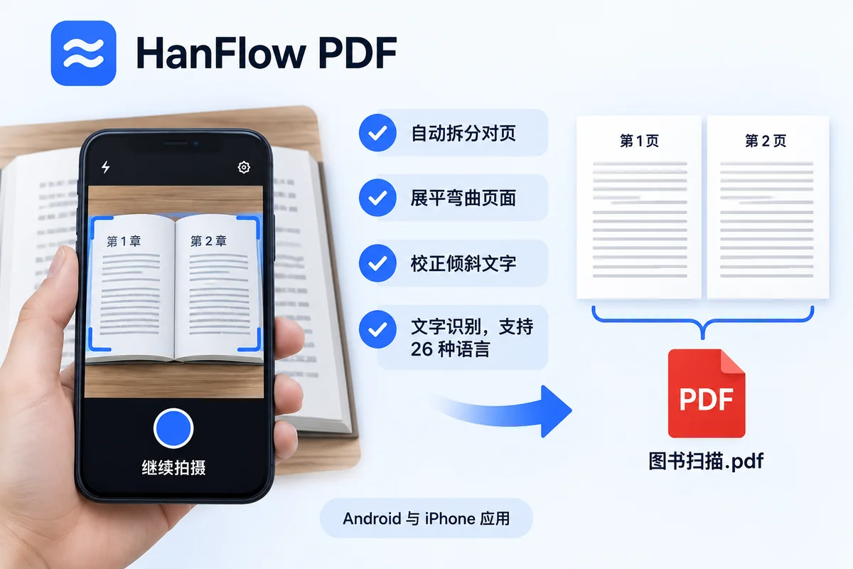 用手机拍摄打开的书本:两页被拆分、压平并保存为 PDF