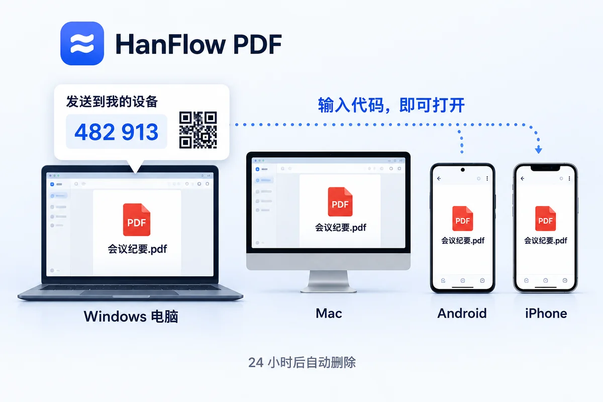 同一份文档在 Windows PC、Mac、Android 手机和 iPhone 上打开,并通过 6 位代码发送