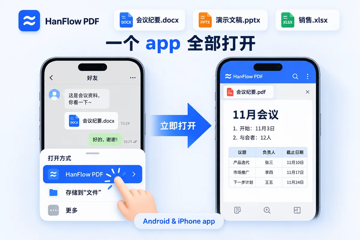 在即时通讯应用中收到的 Word 文件,通过“打开方式”列表用 HanFlow PDF 打开,并在手机上显示为 PDF