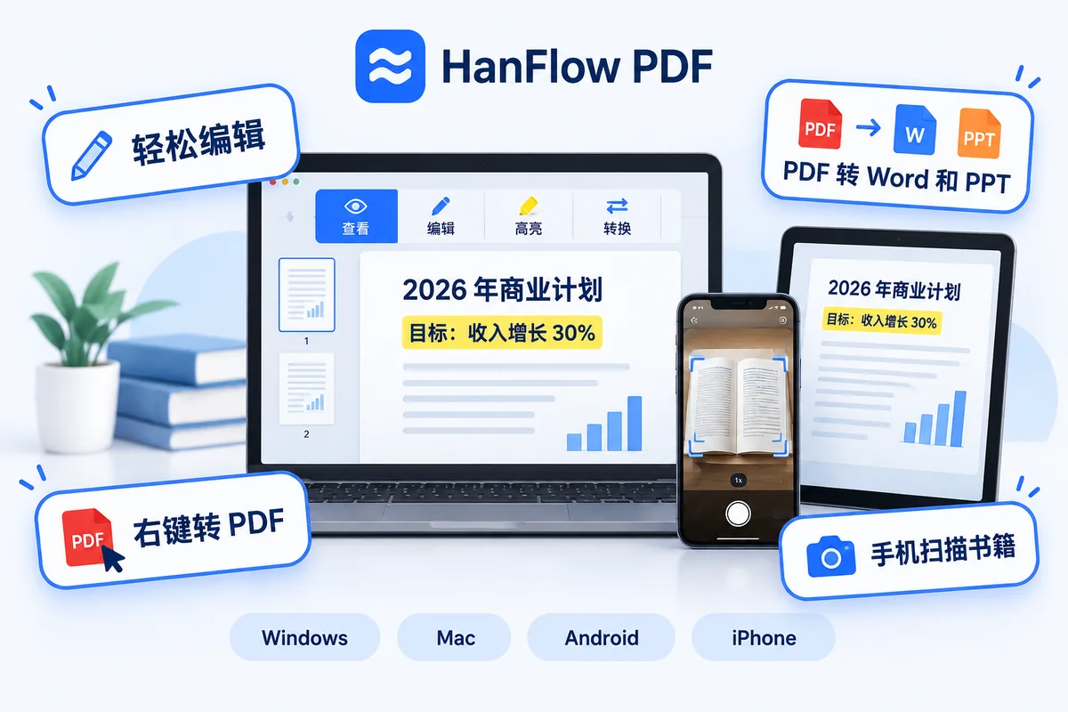 HanFlow PDF — 轻松编辑、PDF 转 Word 和 PowerPoint、右键转 PDF、手机扫描书本,适用于 Windows、Mac、Android 和 iPhone