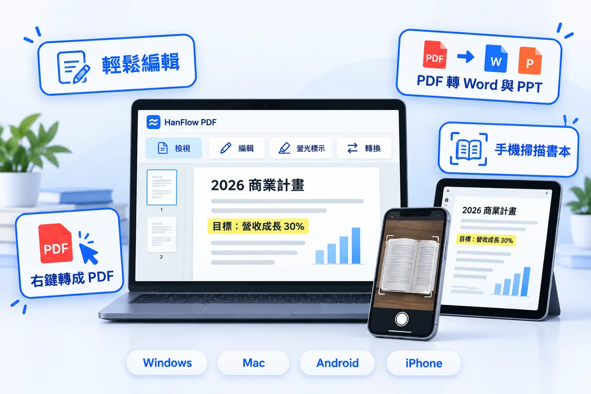 HanFlow PDF — 輕鬆編輯、PDF 轉 Word 與 PowerPoint、右鍵轉 PDF、手機掃描書本,適用於 Windows、Mac、Android 與 iPhone