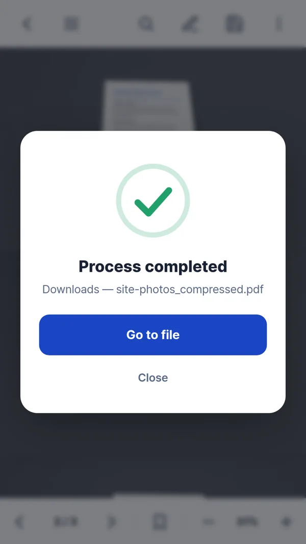 Screen showing Process completed after Standard reduction with the compressed file named site-photos_compressed.pdf