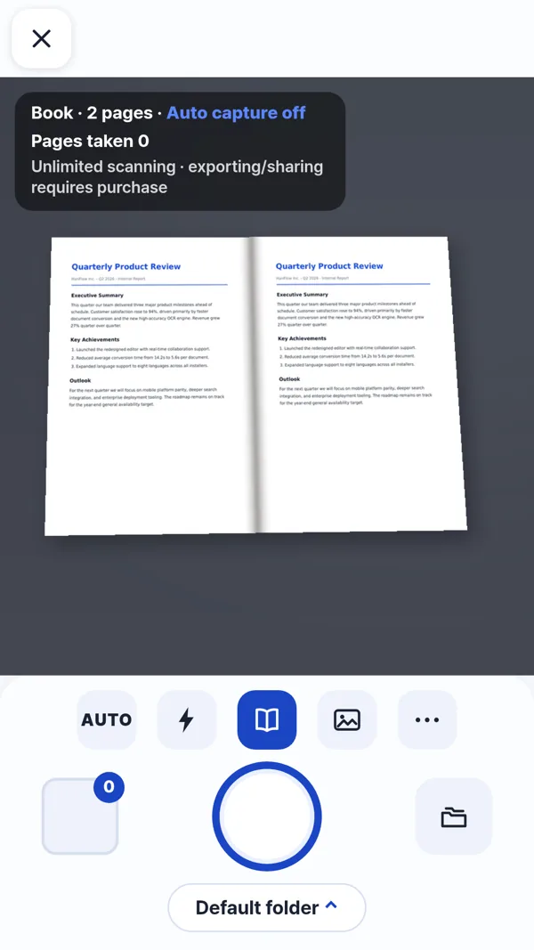 Scanning screen with book mode active, capturing an open book spread as two separate pages