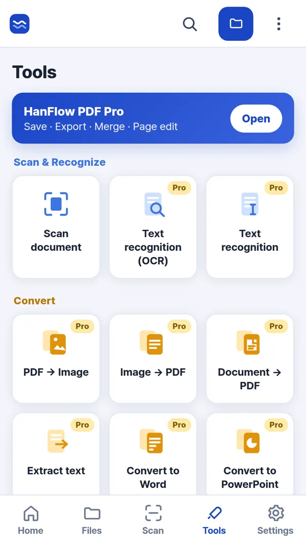 App tools screen showing document scan, text recognition, and file conversion options