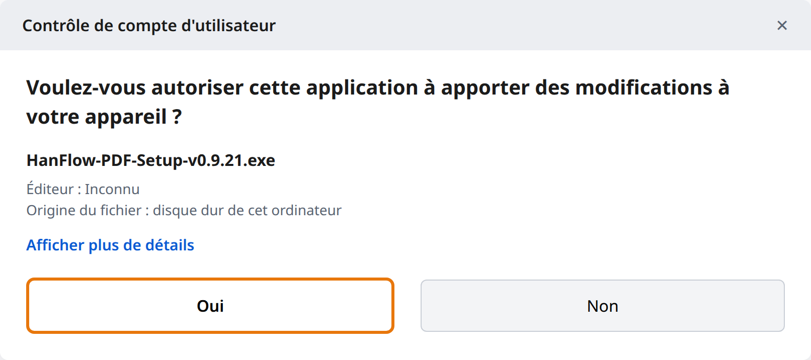 Cliquer sur « Oui » dans le contrôle de compte d'utilisateur