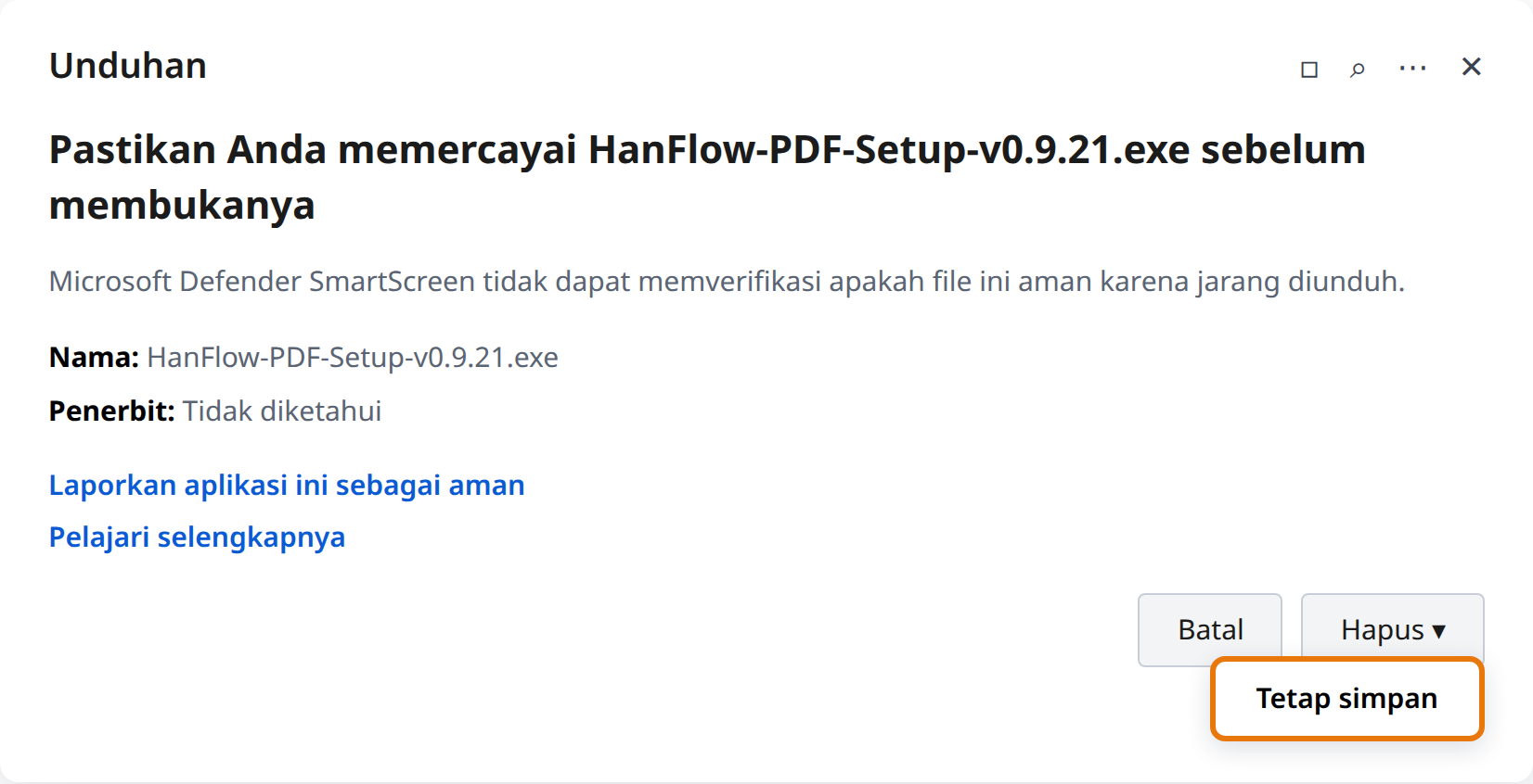 Klik panah di sebelah Hapus, lalu Tetap simpan