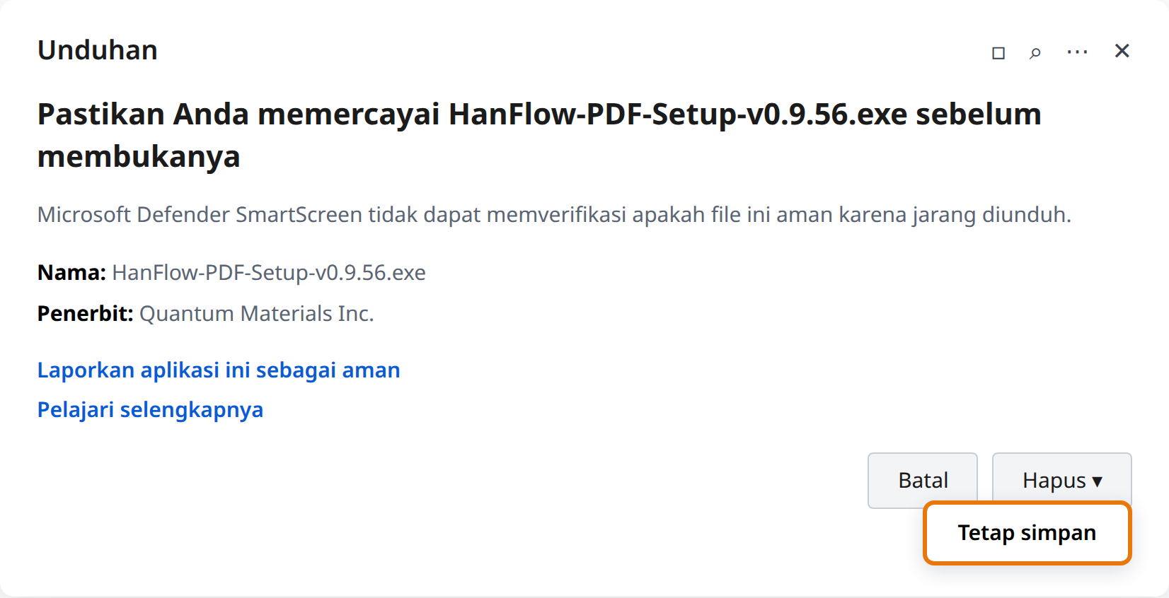 Klik panah di sebelah Hapus, lalu Tetap simpan
