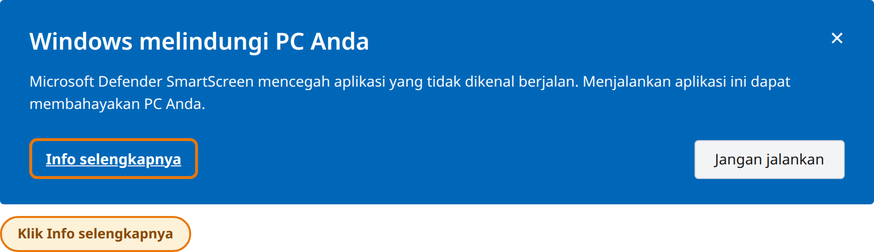 Klik Info selengkapnya pada jendela Windows melindungi PC Anda