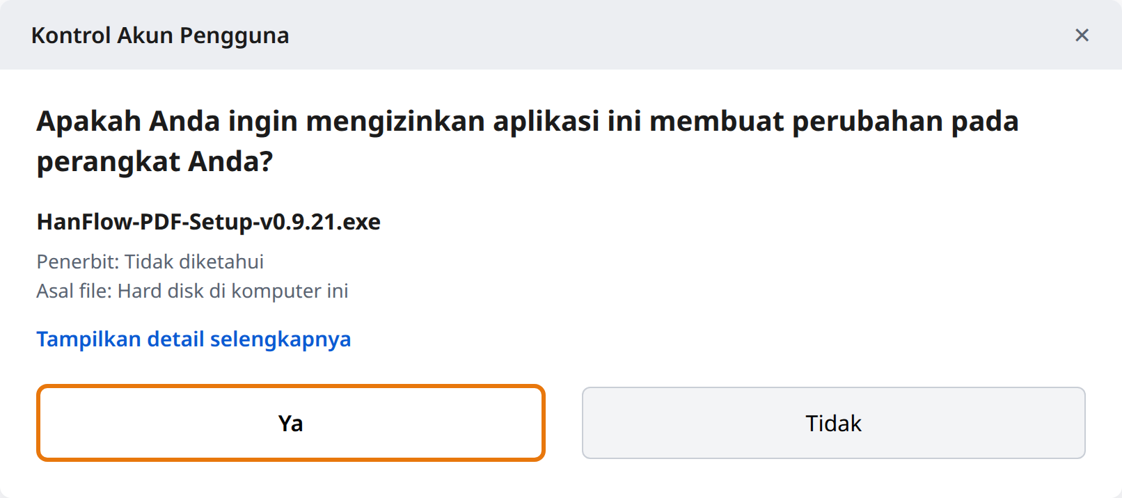 Klik Ya pada Kontrol Akun Pengguna