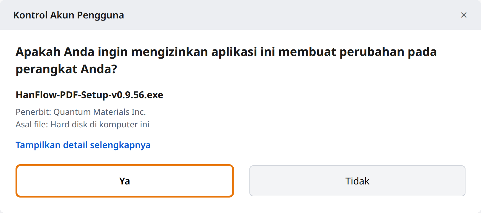 Klik Ya pada Kontrol Akun Pengguna