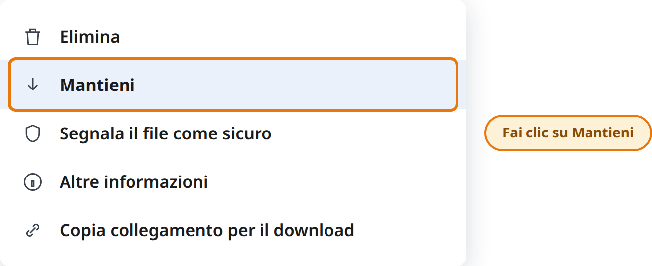 Fai clic su Mantieni nel menu