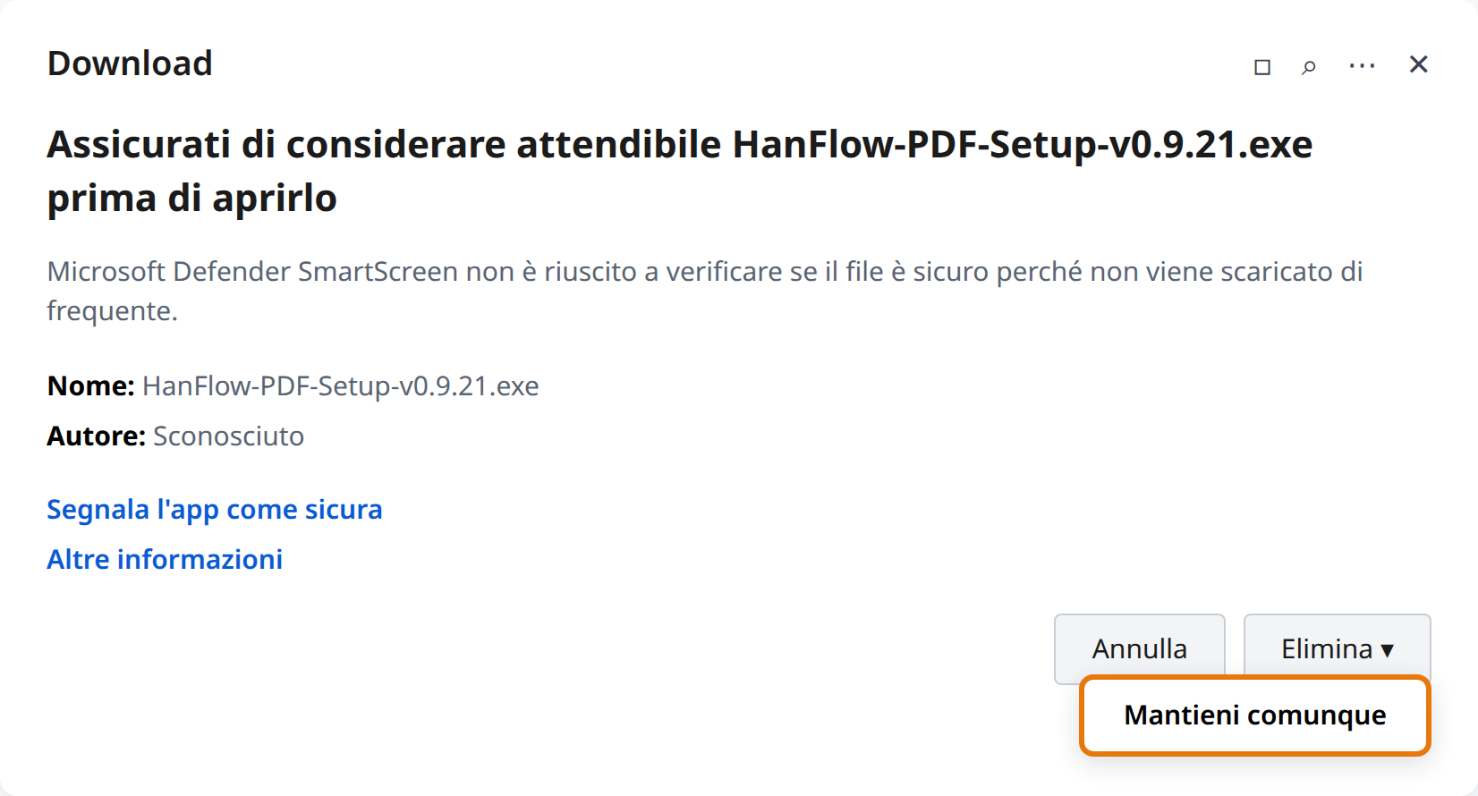 Fai clic sulla freccia accanto a Elimina, poi su Mantieni comunque
