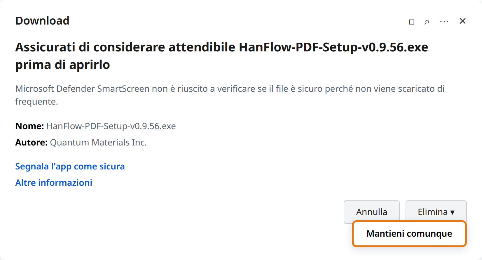 Fai clic sulla freccia accanto a Elimina, poi su Mantieni comunque