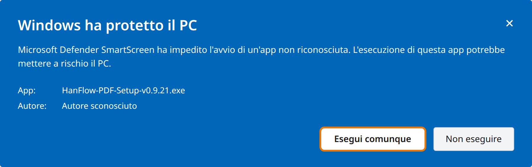 Fai clic su Esegui comunque