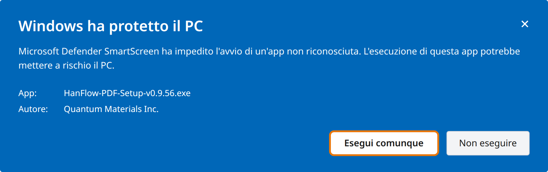 Fai clic su Esegui comunque