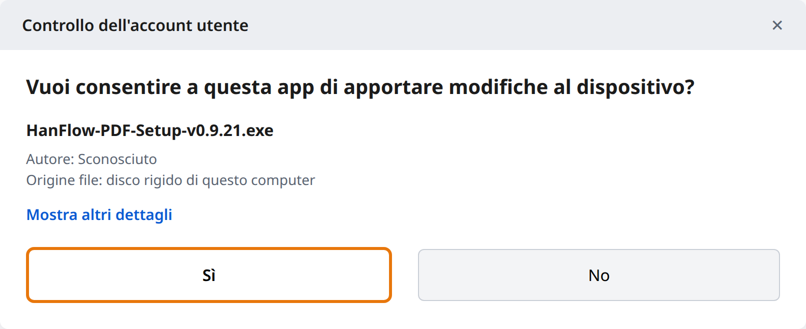 Fai clic su Sì in Controllo dell'account utente