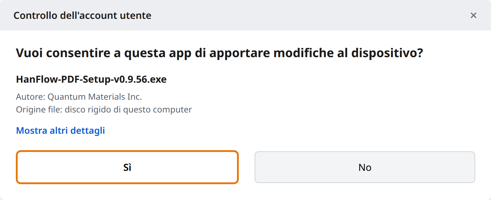 Fai clic su Sì in Controllo dell'account utente