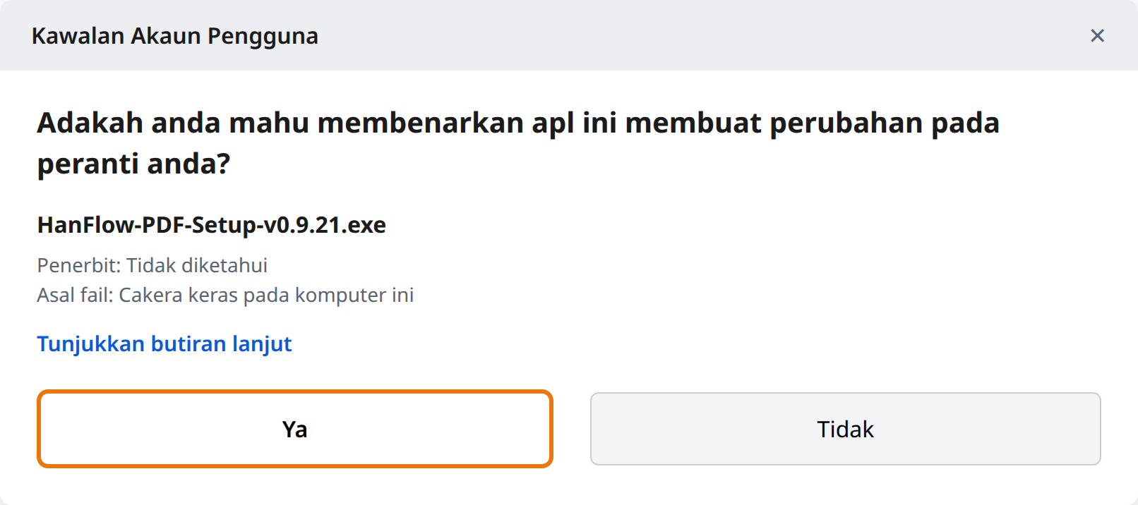 Klik Yes pada Kawalan Akaun Pengguna