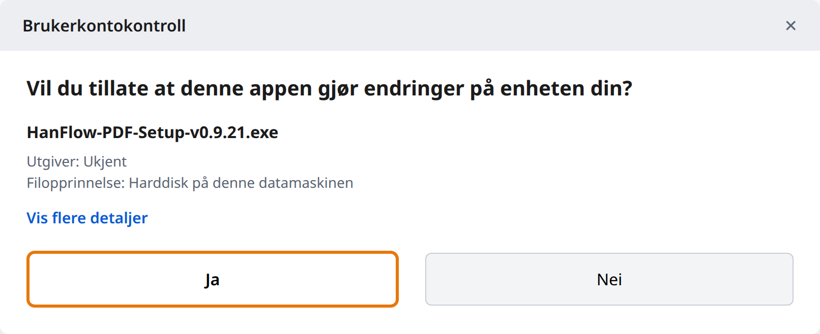 Klikk Ja i brukerkontokontroll