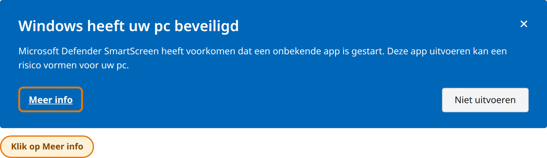 Klik op Meer informatie in het venster Windows heeft uw pc beveiligd
