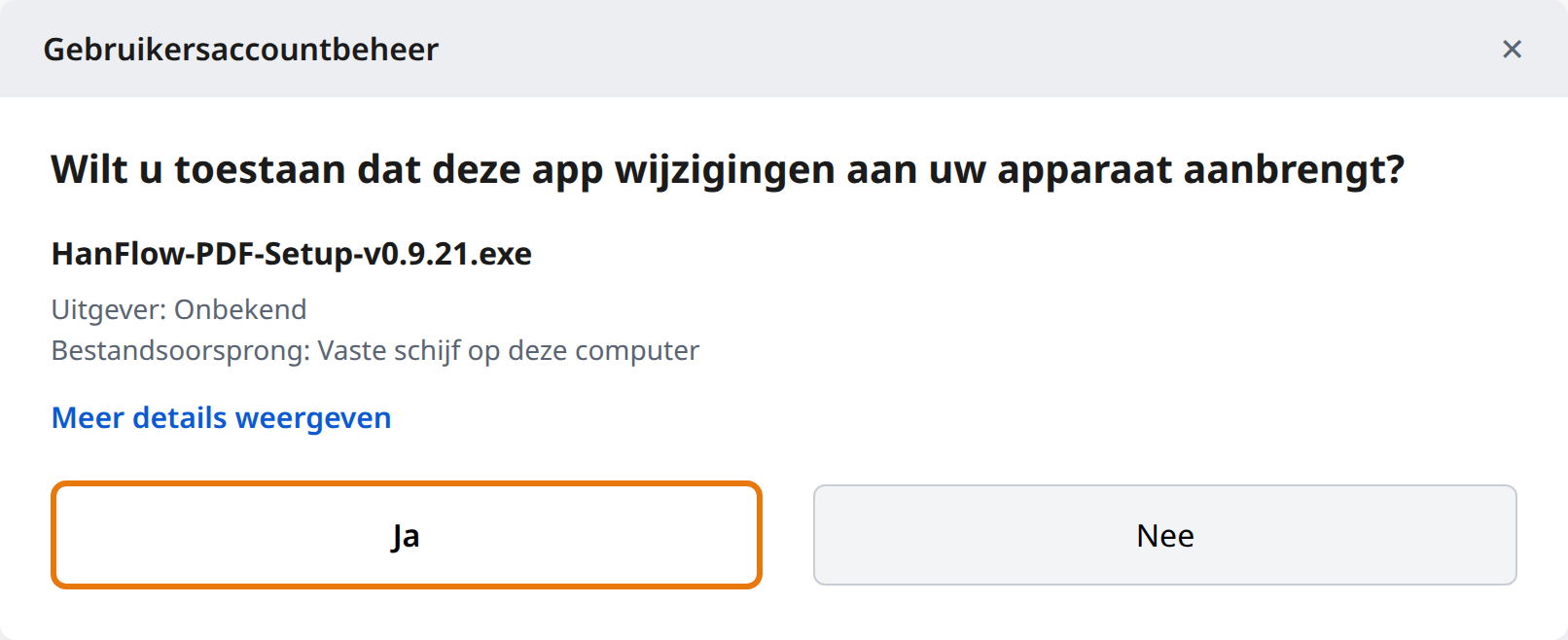 Klik op Ja bij Gebruikersaccountbeheer