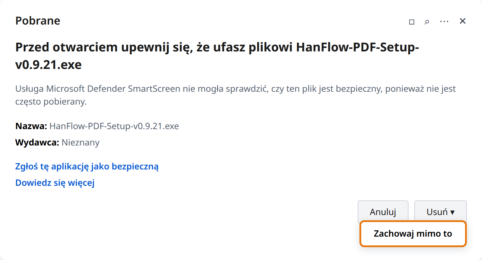 Kliknij strzałkę obok Usuń, a potem Zachowaj mimo to