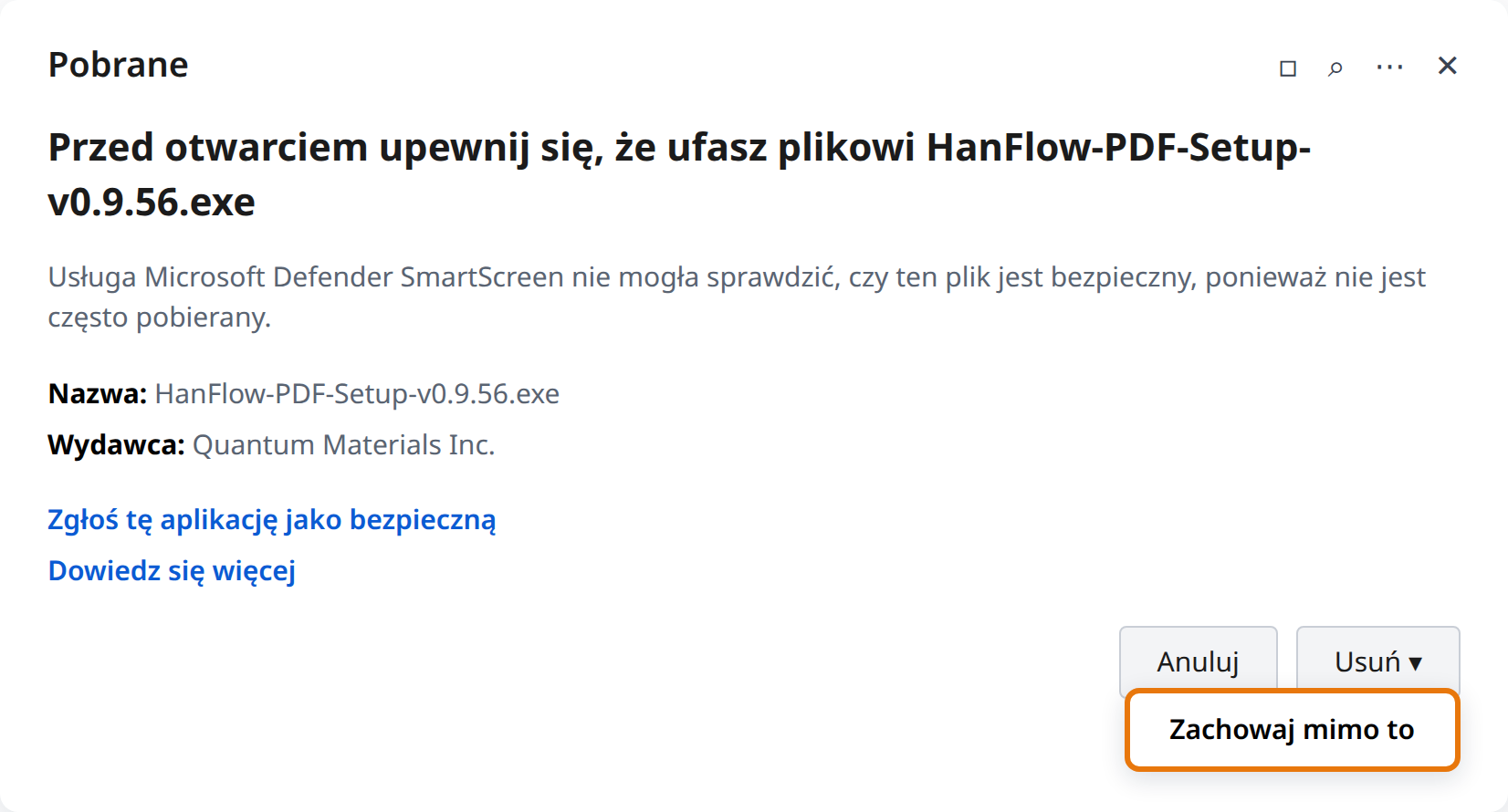 Kliknij strzałkę obok Usuń, a potem Zachowaj mimo to
