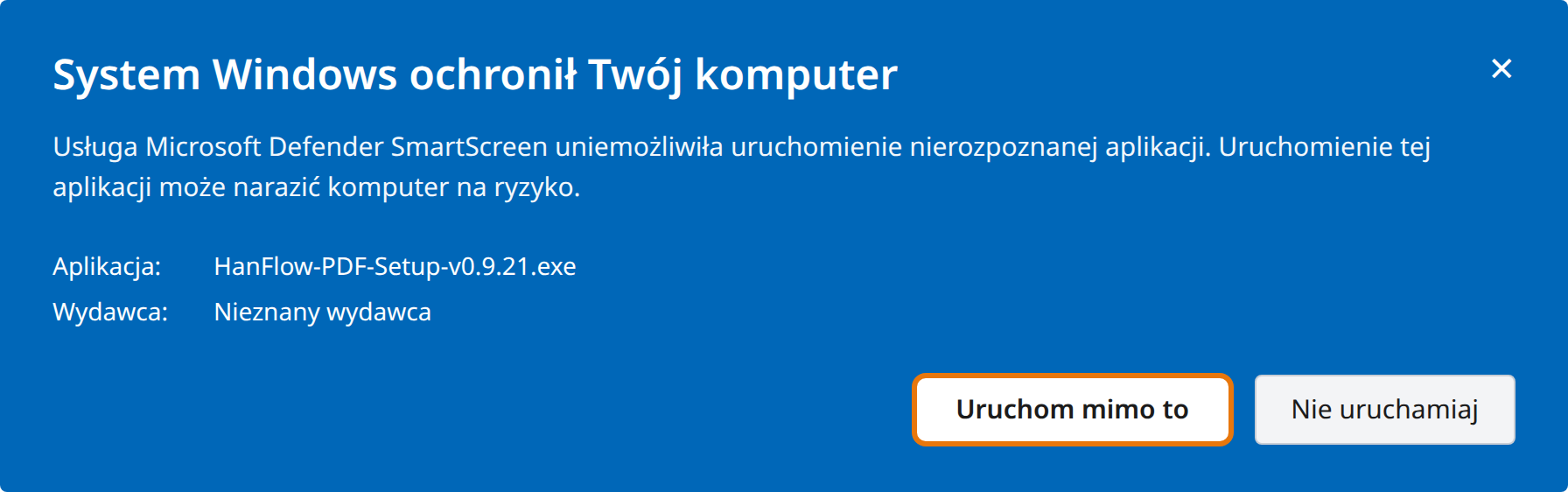 Kliknij Uruchom mimo to
