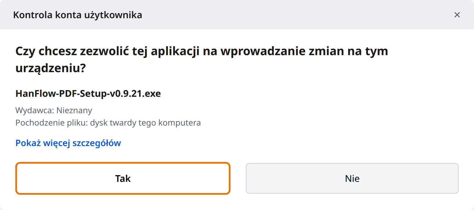 Kliknij Tak w Kontroli konta użytkownika