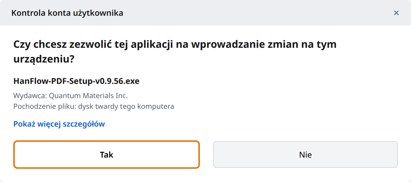 Kliknij Tak w Kontroli konta użytkownika