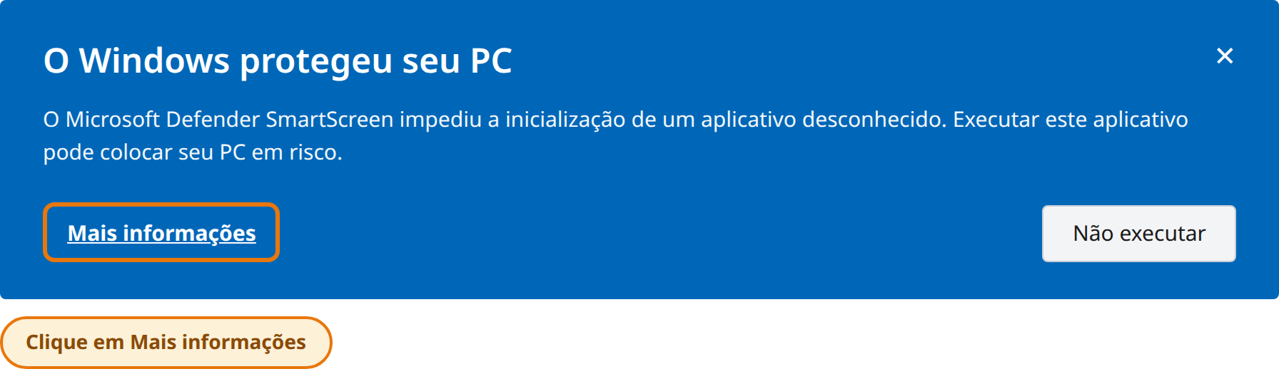 Clique em Mais informações na janela O Windows protegeu o computador