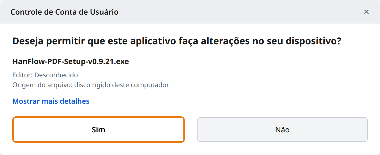 Clique em Sim no Controle de Conta de Usuário