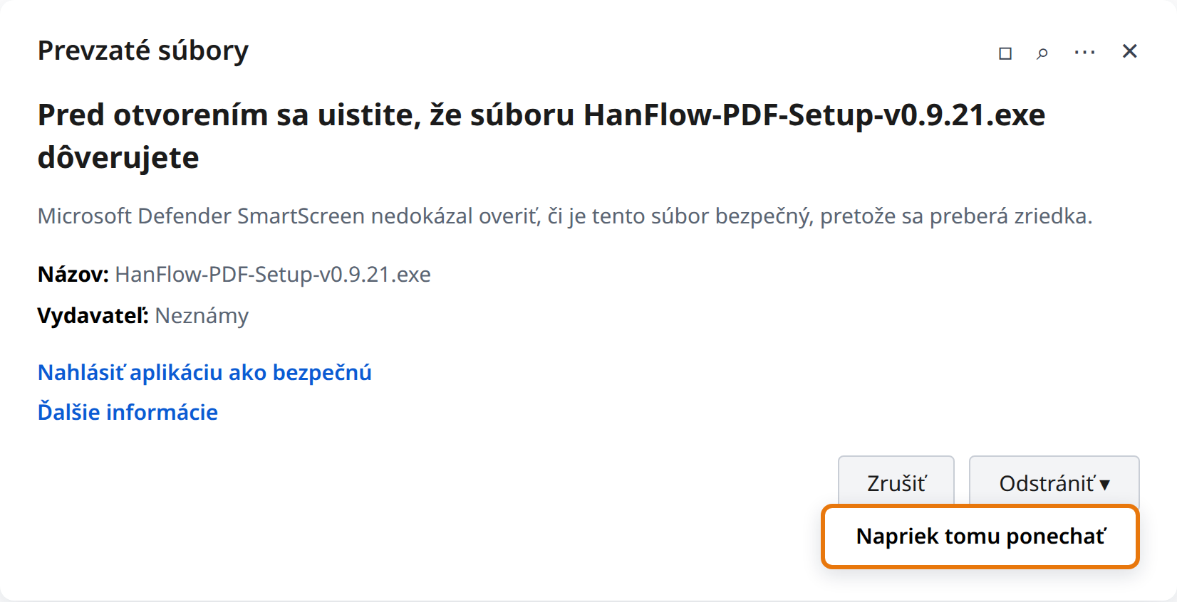 Kliknite na šípku vedľa Odstrániť a potom na Napriek tomu ponechať
