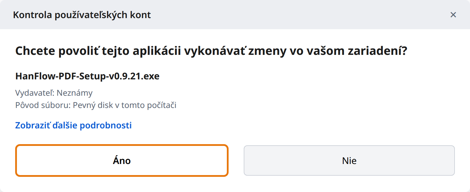 Kliknite na Áno v Kontrole používateľských kont