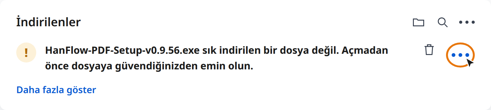 Edge indirme uyarısında Diğer eylemler (⋯) düğmesine tıklayın