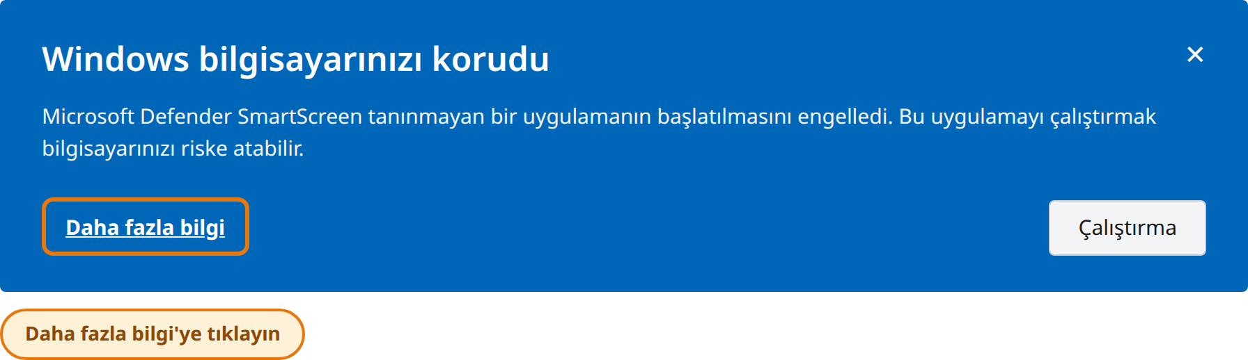Windows bilgisayarınızı korudu penceresinde Ek bilgi'ye tıklayın